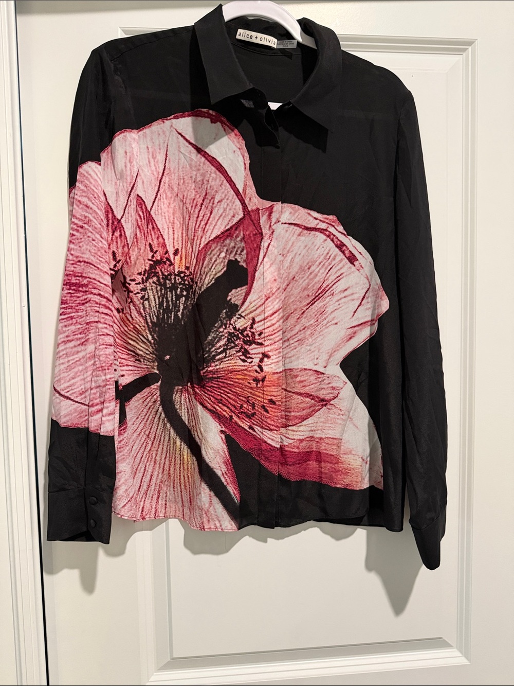 Alice + Olivia Black Button-Down Blouse with Pink Floral Print